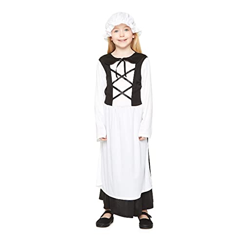 WickedFun® Viktorianisches Mädchen-Kostüm für Kinder, Kleid mit Hut, arme Dienstmädchen, Halloween-Kostüme für Mädchen, Schwarz und Weiß, Größe S von WickedFun