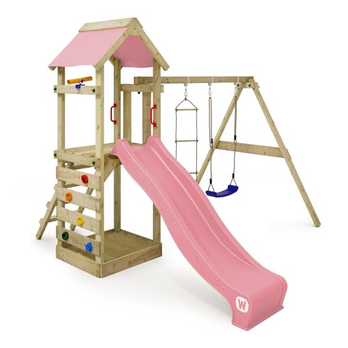 WICKEY Spielturm Klettergerüst FreeFlyer mit Schaukel & pastellpinker Rutsche, Outdoor Kinder Kletterturm mit Sandkasten, Leiter & Spiel-Zubehör für den Garten von Wickey