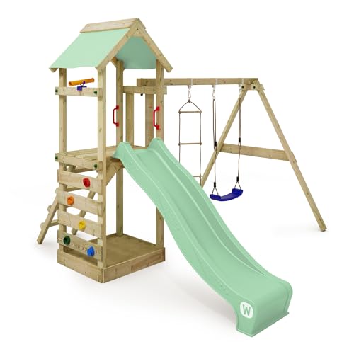 WICKEY Spielturm Klettergerüst FreeFlyer mit Schaukel & pastellgrüner Rutsche, Outdoor Kinder Kletterturm mit Sandkasten, Leiter & Spiel-Zubehör für den Garten von Wickey