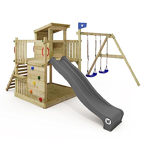 WICKEY Spielturm Klettergerüst Smart Cabin mit Schaukel & Rutsche, Stelzenhaus mit Sandkasten, Outdoor Kletterturm für Kinder, Kletterwand & Spiel-Zubehör – anthrazit von Wickey