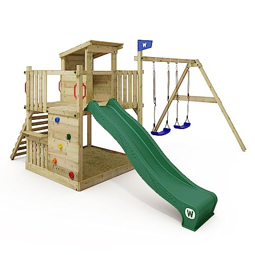 WICKEY Spielturm Klettergerüst Smart Cabin mit Schaukel & Rutsche, Stelzenhaus mit Sandkasten, Outdoor Kletterturm für Kinder, Kletterwand & Spiel-Zubehör – grün von Wickey