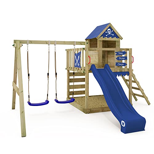 WICKEY Spielturm Klettergerüst Smart Cave mit Schaukel & Rutsche, Outdoor Kinder Kletterturm mit Sandkasten, Leiter & Spiel-Zubehör für den Garten (blau) von Wickey