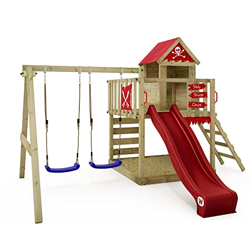 WICKEY Spielturm Klettergerüst Smart Cave mit Schaukel & roter Rutsche, Outdoor Kinder Kletterturm mit Sandkasten, Leiter & Spiel-Zubehör für den Garten von Wickey