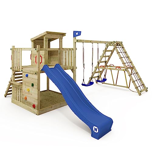 WICKEY Spielturm Klettergerüst Smart Nest mit Schaukel & Rutsche, Sandkasten, Surfswing mit Kletteranbau, Kinder Kletterturm mit Kletterwand & Spiel-Zubehör - blau von Wickey