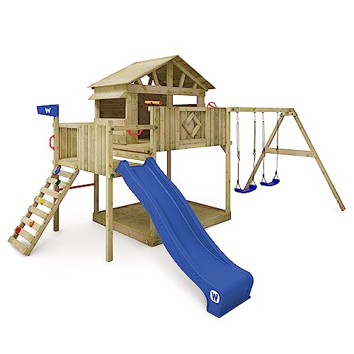 WICKEY Spielturm Klettergerüst Smart Peak mit Schaukel & Rutsche, Stelzenhaus mit Sandkasten, Kletterturm für Kinder, Kletterleiter & Spiel-Zubehör - blau von Wickey