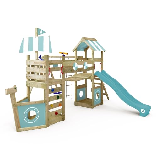 WICKEY Spielturm Klettergerüst StormFlyer mit Schaukel & Rutsche, Outdoor Kinder Kletterturm mit Sandkasten, Leiter & Spiel-Zubehör für den Garten (Pastellblau) von Wickey