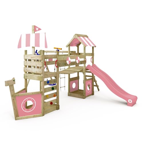 WICKEY Spielturm Klettergerüst StormFlyer mit Schaukel & Rutsche, Outdoor Kinder Kletterturm mit Sandkasten, Leiter & Spiel-Zubehör für den Garten (Pastellpink) von Wickey