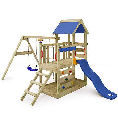 WICKEY Spielturm Klettergerüst TurboFlyer mit Schaukel & Blauer Rutsche, Outdoor Kinder Kletterturm mit Sandkasten, Leiter & Spiel-Zubehör für den Garten von Wickey