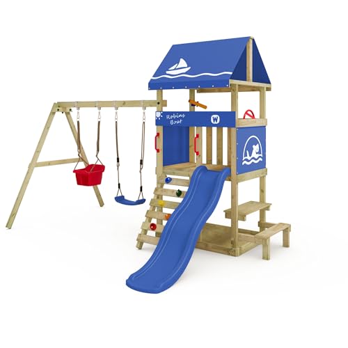 Wickey Spielturm DinkyHouse mit Picknicktisch - Blaue Rutsche & Plane - Kinder Kletterturm für den Garten aus Massivholz - 334x317x247 cm von Wickey