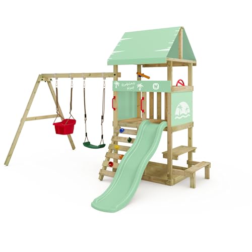 Wickey Spielturm DinkyHouse mit Picknicktisch - pastellgrüne Rutsche & Plane - Kinder Kletterturm für den Garten aus Massivholz - 334x317x247 cm von Wickey