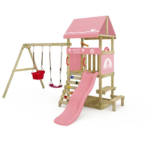 Wickey Spielturm DinkyHouse mit Picknicktisch - pastellpinke Rutsche & Plane - Kinder Kletterturm für den Garten aus Massivholz - 334x317x247 cm von Wickey