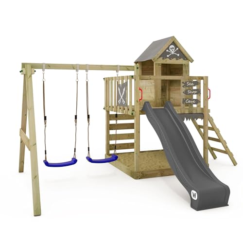 Wickey Spielturm Klettergerüst Smart Cave mit Schaukel & anthraziter Rutsche, Outdoor Kinder Kletterturm mit Sandkasten, Leiter & Spiel-Zubehör für den Garten von Wickey