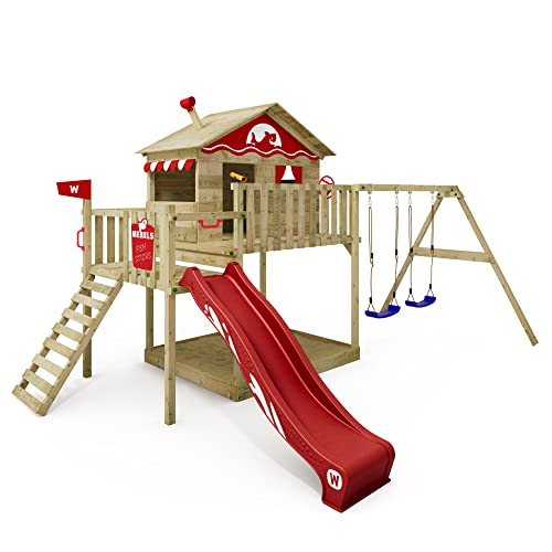 Wickey Spielturm Klettergerüst Smart Coast mit Schaukel & roter Rutsche, Outdoor Kinder Kletterturm mit Sandkasten, Leiter & Spiel-Zubehör für den Garten von Wickey