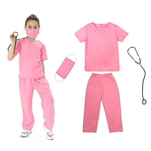 Wiclin Kinder Doktor Rosa Scrubs Doktor Rollenspiel Kostüm für Jungen Mädchen 4pcs- Doktor Top, Hose und ein Stethoskop. (M 7-9Jahre) von Wiclin