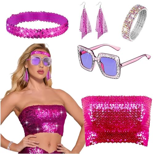 Wiclnyg Disco-Accessoires für Damen, Disco-Accessoires der 70er Jahre | Pailletten Y2K Damenkostüm - 5 Mehrzweck-Partygeschenke mit Schlauchoberteil, Ohrringen, Sonnenbrille und Stirnband von Wiclnyg