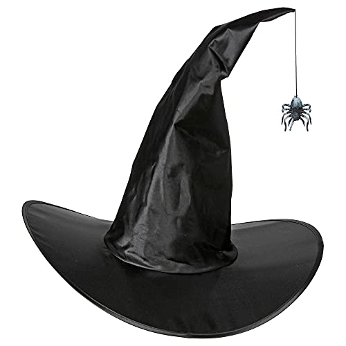 Widmann 00249 - Modellierbarer Hexen Hut, Schwarz, mit herunterhängender Spinne, aus Satin, Zauberer, Magier, Accessoire, Zubehör, Karneval, Halloween, Mottoparty von W WIDMANN MILANO Party Fashion