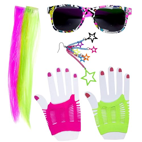 W WIDMANN MILANO Party Fashion - Verkleidungsset 80er Jahre Girl, 2 Neon Haarextensions, Ohrring, Handschuhe und Brille, Karneval, Mottoparty von W WIDMANN MILANO Party Fashion