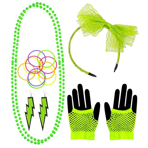 W WIDMANN MILANO Party Fashion - Verkleidungsset 80er Jahre Mode, Neon, Haarreif, Perlenketten, Ohrringe, fingerlose Netzhandschuhe, 10 Armbänder, Disco, 80s, Karneval, Mottoparty von W WIDMANN MILANO Party Fashion