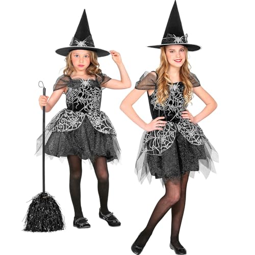 W WIDMANN MILANO Party Fashion - Kinderkostüm Hexe, 2-teilig, Kleid und Hut, Schwarz-Silber, Spinnen-Netz, Märchen, Kostüm, Verkleidung, Mottoparty, Karneval, Halloween von W WIDMANN MILANO Party Fashion