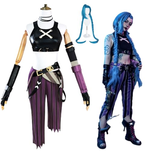 Wigbiu Anime Arcane-Jinx Cosplay Outfit mit Perücke Spiel Staffel 2 Kostüm Weste Handschuhe Hüftgürtel Uniform komplettes Set Halloween Karneval Kostüm Kleidung für Frauen Unisex von Wigbiu