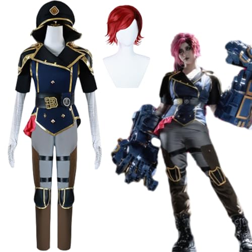 Wigbiu Anime Arcane-Staffel 2 Vi Cosplay Outfit mit Perücke und Hut Spielfiguren Jacke Kostüm Uniform Zubehör komplettes Kleidungsset Halloween Karneval Kostüm für Damen Unisex von Wigbiu