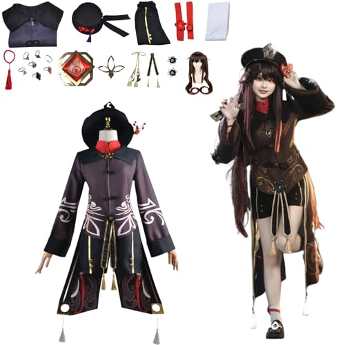 Wigbiu Anime Genshin Impact Kostüm Spielfiguren Hu Tao Cosplay-Outfit Rock Jacke Uniform Zubehör Komplettes Kleidungsset Halloween Karneval Kostüm für Damen Unisex von Wigbiu