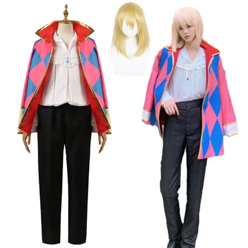 Wigbiu Anime Howl's Cosplay Kostüm mit Perücke Moving Castle Kleidung Howl Outfit Erwachsene Halloween Karneval Party Kostüm Set Jacke Anzug für Kinder Frauen Unisex von Wigbiu