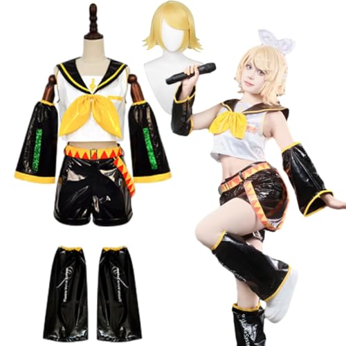 Wigbiu Anime Kagamine Rin/Len Cosplay Outfit Kostüm mit Perücke JK Matrosen Accessoires Uniform Set Highschool Kleidung Halloween Karneval Kostüm für Frauen Unisex (Rin) von Wigbiu