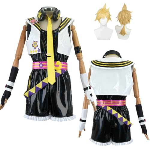 Wigbiu Anime Kagamine Rin/Len Cosplay Outfit Kostüm mit Perücke JK Matrosenrock Kopfbedeckung Accessoires Uniform Set Kleidung Halloween Karneval Kostüm für Frauen Unisex (Len) von Wigbiu