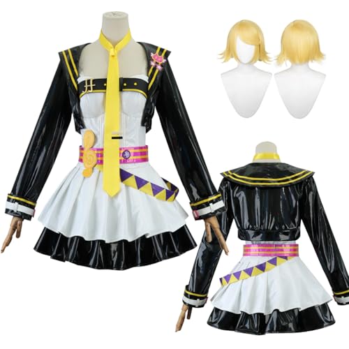 Wigbiu Anime Kagamine Rin/Len Cosplay Outfit Kostüm mit Perücke JK Matrosenrock Kopfbedeckung Accessoires Uniform Set Kleidung Halloween Karneval Kostüm für Frauen Unisex (Rin) von Wigbiu