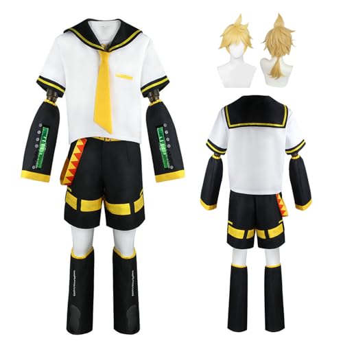 Wigbiu Anime Kagamine Rin/Len Cosplay Outfit Kostüm mit Perücke JK Matrosenuniform Zubehör Set Highschool Kleidung Halloween Karneval Kostüm für Frauen Unisex (Len) von Wigbiu