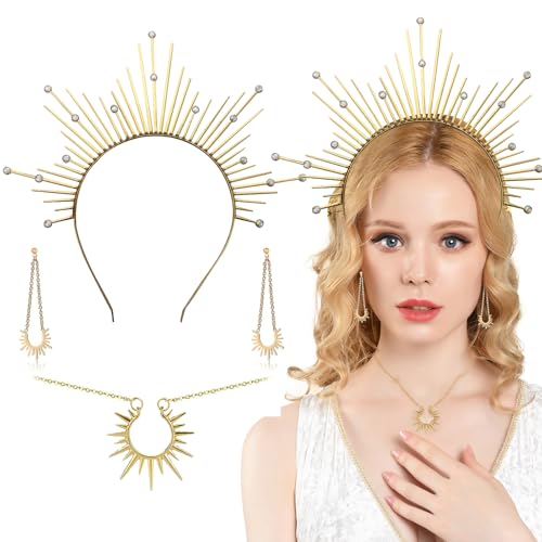 Wikrzeer Sonne Göttin Kostüm Set – Haarreif Sonne, Halskette & Ohrringe – Perfekt für Damen Karnevalskostüme, Hochzeit, Cosplay & Partys – Hochwertige Göttinnen-Accessoires von Wikrzeer