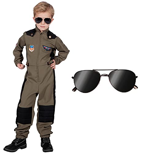 WILBERS & WILBERS W3902+B02531 grün-schwarz Kinder Junge Kampfpilot Fliegerkombi Overall mit Brille (140) von WILBERS & WILBERS