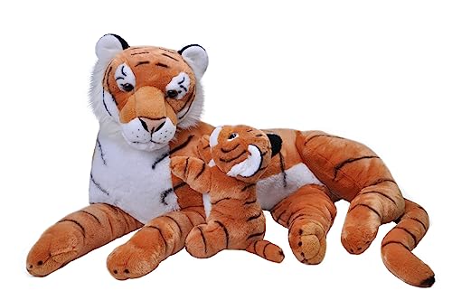 Wild Republic Mom and Baby Jumbo Tiger, Großes Kuscheltier, 76 cm, Geschenkidee für Kinder, Kuscheltier mit Baby, Riesen-Stofftier aus recycelten Wasserflaschen von WILD REPUBLIC