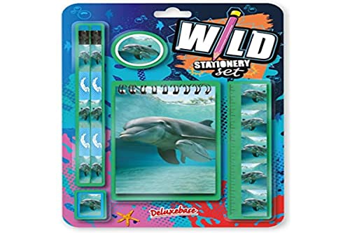 Wild Stationery Deluxebase Delfin Set - Lustiges Schulbedarf Set bestehend aus 2 Bleistiften, Radiergummi, Spitzer, Lineal und Notizbuch, Schreibwaren-Set von Wild Stationery