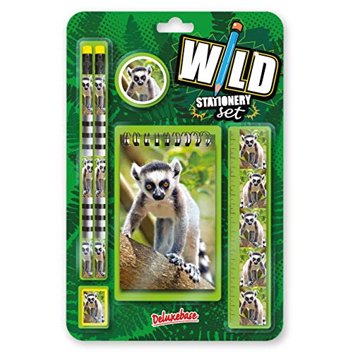 Deluxebase Wild Stationery Set - Ringmaki niedlichen Stationären Schulsets für Mädchen und Jungen enthalten 2 Bleistifte, Radiergummi, Spitzer, Lineal und Notizbuch von Deluxebase