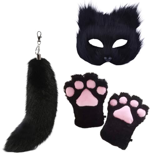 Will Like Terian tail therian mask katzenmaske fuchs maske furry mask furry tail Halbgesichts-Maskerade-Maske für Cosplay ausgefallene Party Schwarz (Maske undSchwanz) von Will Like