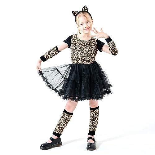 Willheoy Kostüm Mädchen Katze Leopard Tier Kinder Cosplay Kleid Kostüm Mädchen Kinder Halloween Karneval Allerheiligen Abend Show (10 – 12 Jahre) von Willheoy