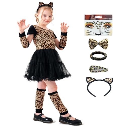 Willheoy Mädchen Leopard Kostüme Halloween Tierkostüme für Fasching Karneval Kinder Tütü Rock Prinzessin Kleid Mit Ohren Haarreif (Leopard, 4-6 Jahre) von Willheoy