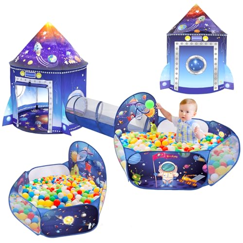 3 in 1 Raketenschiff Spielzelt mit Tunnel Ball Grube für Kind Raum Themed Pop Up Spielhaus Indoor Outdoor Astronaut Zelt Set Spielzeug Geschenk Rocket Ship Play Tent für Junge Mädchen Kleinkind von WillingHeart