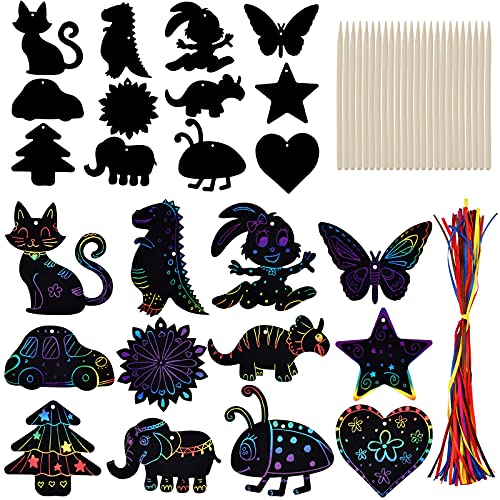 48 stk Kratzbilder, Kinder Set Magische Regenbogen scratch art Kratzpapier mit Bändern Kratzstift Fensterbilder Rubbelkarte zum Basteln Party Mitgebsel Geschenk für Geburtstage Party DIY Dekoration von Willingood