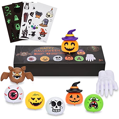 Lustiges Aufziehspielzeug Set für Kinder, 8 Stück Aufziehbare Kürbis Ghost Skull Wind Up Spielzeugs + 4 Blatt Leuchtend Temporäre Tattoos, Halloween Mitgebsel Party Favors Partygeschenk Gastgeschenk von Willingood