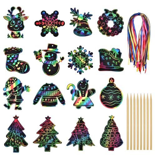 Weihnachten Kratzbilder für Kinder, Willingood 48 Stück Regenbogen Scratch Art Set Kratzpapier zum Basteln Kinder Scratch Paper mit 8 Holzstiften und 48 Bändern Für Weihnachtsbaum Weihnachtsdeko von Willingood