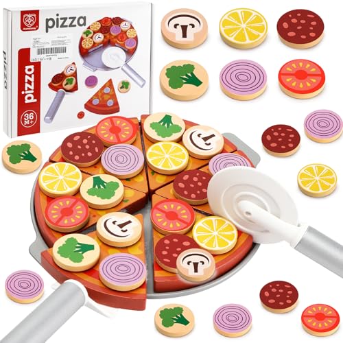 Williyatt Pizza Kinderküche Zubehör Holz, Pizza Spielzeug mit Pizzaschneider, Spachtel, Platte, Spielküche Zubehör, Küchenzubehör Kinder, Spielküche Zubehör Holz, Lernspielzeug von Williyatt