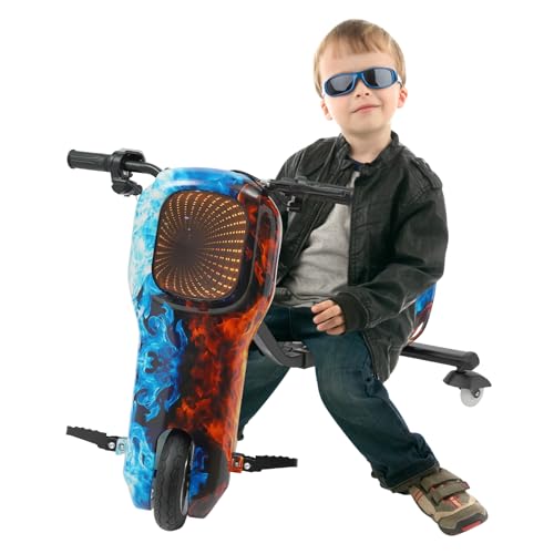 WindWilder Drift Scooter Kinder Elektro 3 Gänge Speed 10-20km/h Kinder Elektro Roller mit LED Light, Verstellbarer Sitz, bis 100kg/220lbs, Drift Trike für 5 Jahre und älter Kids (EIS-Feuer) von WindWilder