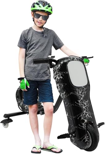 WindWilder Drift Scooter Kinder Elektro 3 Gänge Speed 10-20km/h Kinder Elektro Roller mit LED Light, Verstellbarer Sitz, bis 100kg/220lbs, Drift Trike für 5 Jahre und älter Kids (Schwarz) von WindWilder