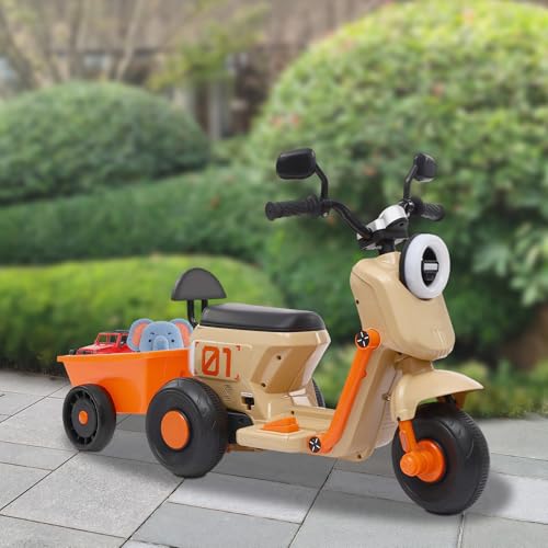 WindWilder Elektro Dreirädriges Motorrad mit Korb 6V 4.5AH Bluetooth USB Musik & Licht, Dreirad Kindermotorrad bis 4.83km/h, Elektro Motorrad für Kinder von 2-6 Jahren bis 50kg/110 lbs (Beige+Orange) von WindWilder