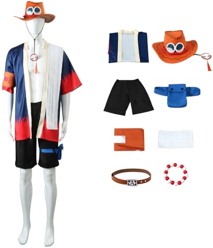 Windskids Ace Kostüm mit Hut Herren Cosplay Anime Piraten Könige Kapitän Portgas D Ace Komplett Uniform Set 8 Stück für Halloween Karneval Party Geburtstag Maskerade Comic Con Performance Verkleidung von Windskids