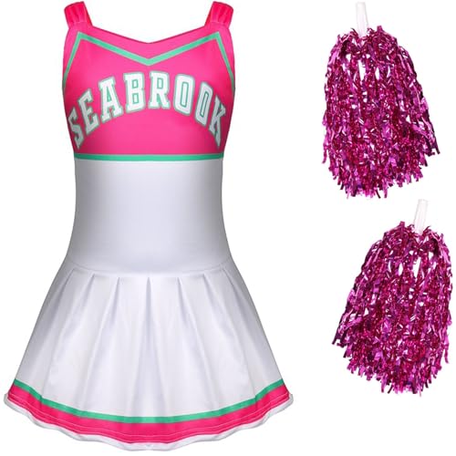 Windskids Addison Cheerleader Kostüm mit Pom Poms Fasching Mädchen Zombie High School Cheerleading Langarm Kleid und Kopfbedeckung Socken für Halloween Karneval Party Maskerade Verkleidung, 3-10 Jahre von Windskids