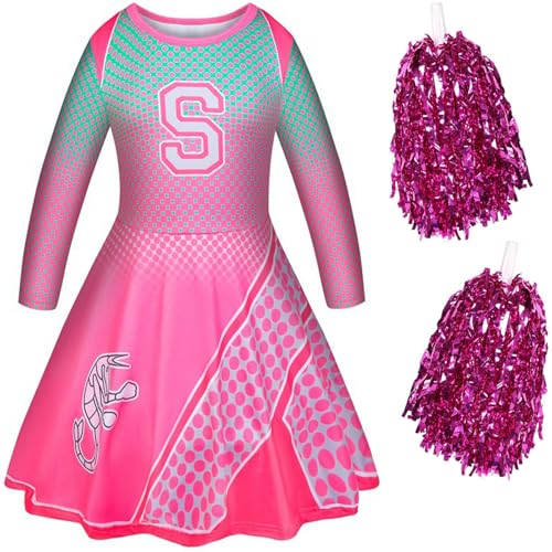 Windskids Addison Cheerleader Kostüm mit Pom Poms Mädchen Zombie High School Cheerleading Langarm Kleid und Kopfbedeckung Socken für Halloween Karneval Party Maskerade Verkleidung, 3-10 Jahre von Windskids